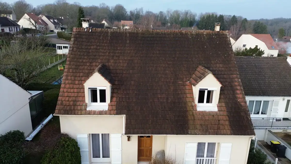 Vue de drone d'un pavillon à deux lucarnes dont la toiture est noircie par la mousse