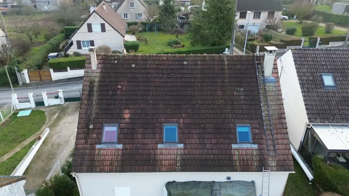 Vue de drone d'une maison à trois fenêtres de toit, toiture sombre couverte de lichen